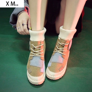 xm品鮀鱼它品袜子口马丁靴女学生skr潮鞋加绒鞋袜一体女鞋2021棉