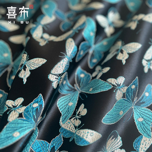 黑蓝色蝴蝶新中式马甲外套织锦缎布料设计师包装时装过年服装面料