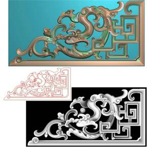 精雕图浮雕灰度电脑雕刻仿古草龙角龙雀替玄关拐子纹装饰龙纹边角