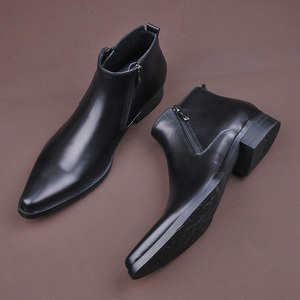 时尚韩版潮流款 优质牛皮黑色拉链男式中高帮短靴 高腰尖头牛皮鞋