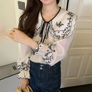 sicily双层荷叶领衬衫女2022年新款设计感小众宫廷风刺绣气质上衣