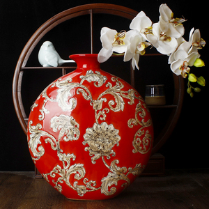 红色凤尾手绘陶瓷扁瓶圆圆满满装饰瓶摆件花瓶艺术品手绘结婚瓷器