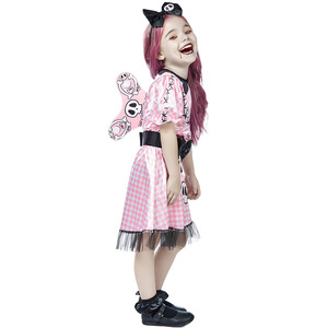 粉格恐怖芭比娃娃机械小鬼儿童骷髅印花连衣裙cosplay万圣节服装