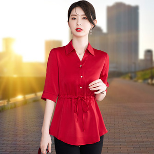 红色雪纺衬衫女2024夏季新款收腰遮肚子短袖上衣气质宽松中袖衬衣