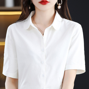 白色正肩短袖衬衫女夏季设计感小众弹力纯棉时尚宽松职业衬衫寸