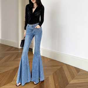 m7名七  高腰显瘦显腿长喇叭牛仔裤弹力大喇叭裤修身提臀女裤长裤