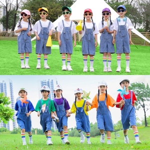 儿童啦啦队演出服幼儿园毕业照糖果色牛仔背带裤小学生合唱表演服