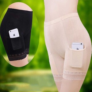 带口袋胖mm三分安全裤莫代尔加肥加大码防走光铁裤衩女士金属上锁