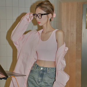 FF5 中长款粉色长袖休闲衬衫女春季内搭叠穿韩系宽松bf慵懒风上衣