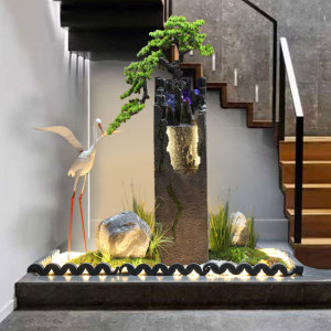 室内庭院日式枯山水园林景观装饰楼梯下仿真绿植流水造景仿真树