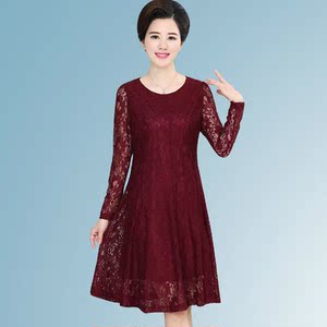 中老年人春天连衣裙40长袖50蕾丝60岁女士女装穿的妈妈装半长裙子
