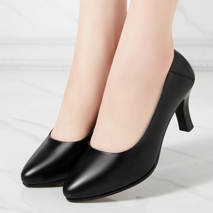 单鞋女夏款浅口真皮高跟中跟两穿舒适细跟尖头夏天工作职业小皮鞋