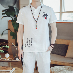 中国风套装男夏季佛系搭配一套棉麻唐装时尚休闲短袖T恤汉服夏装