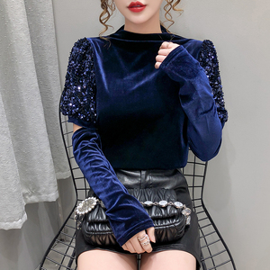 大码秋冬装新款金丝绒上衣女韩版重工艺亮片拼袖小衫短袖拼接t恤