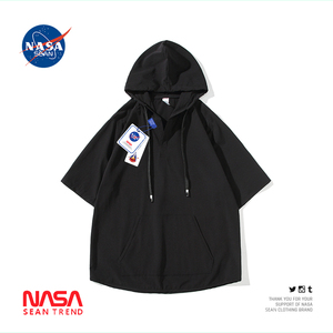 NASA联名简约纯色连帽短袖T恤男潮牌宽松半截袖夏季薄款卫衣体恤