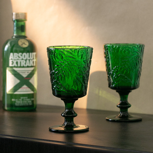 加厚红酒杯中古杯设计师款绿色森林ins复古压制玻璃高脚杯水杯子