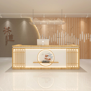 新中式前台柜收银台采耳足浴店接待养生馆服务复古吧台桌茶叶中医