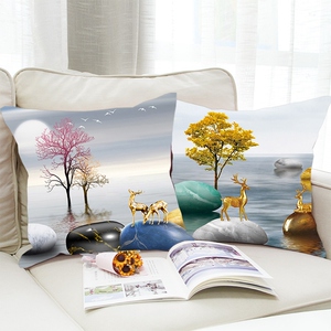 十字绣坐垫自己绣发财麋鹿石来运转抱枕一对客厅简约2022新款线绣