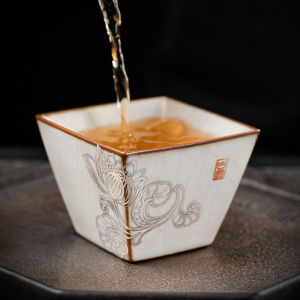 京峰阁官窑银手绘斗方莲花单杯名师手绘五大名窑杯手工主人杯陶瓷