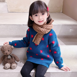 女童洋气可爱小花针织毛衣秋冬款女宝宝2岁时尚3提花4套头5毛线衣