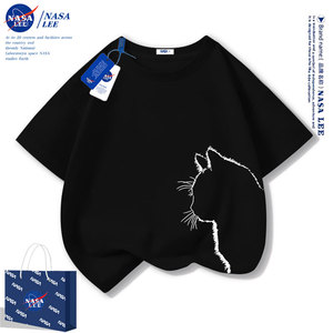 NASA黑色猫咪男童短袖t恤夏季纯棉2024新款潮牌童装儿童夏装女童