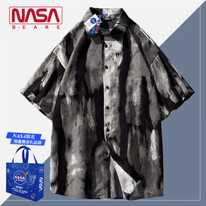 NASA联名中国风水墨扎染花衬衫男款夏季冰丝短袖衬衣外套国潮寸衫