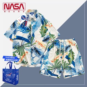 NASA联名夏季冰丝短袖短裤两件套男夏威夷沙滩裤情侣旅游海滩套装