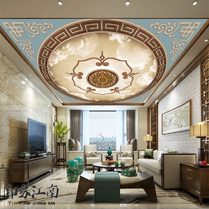 中式古典艺术天花壁画圆形吊顶墙纸祥云简约客厅棚顶立体浮雕墙布
