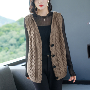 毛线背心马甲外套女春秋带帽坎肩开衫加肥加大码胖mm针织马夹背心