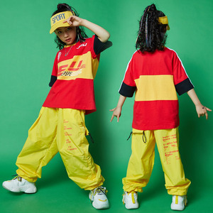 儿童嘻哈街舞男童宽松练功服短袖黄色长裤女童hiphop演出服套装潮