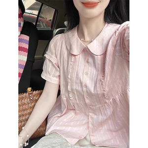 法式粉色娃娃领短袖衬衫女夏季设计感小众雪纺衬衣泡泡袖甜美上衣
