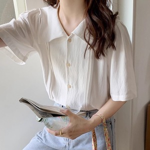 韩系温柔白色短袖衬衫女夏季法式复古翻领小个子正肩衬衣小衫上衣