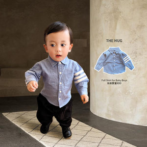 宝宝经典衬衫男童秋款织带翻领打底衫婴儿蓝衬衫Baby蓝衬衣长袖潮