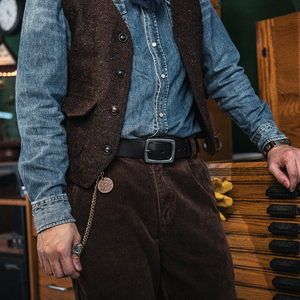 山岩 男士工装风格 腰带头层厚植鞣革皮带美式复古日字针扣 钢扣