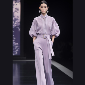 国风新中式紫色套装女秋冬季高级感休闲时尚衬衫西装裤洋气两件套
