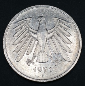 联邦德国1975-2001年5马克铜镍包镍硬币29mm欧洲西德外国钱币收藏