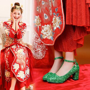 绿鞋婚鞋女绿色高跟中式新娘鞋一字带粗跟防水台结婚孕妇秀禾单鞋