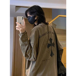 纯棉长袖t恤女春秋季2022宽松潮ins原宿风美式复古hiphop炸街上衣