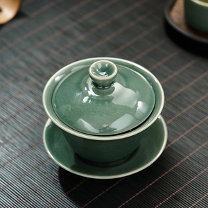 哥窑盖碗家用陶瓷三才盖碗翡翠绿敬茶杯匀杯大号分茶器茶具茶碗