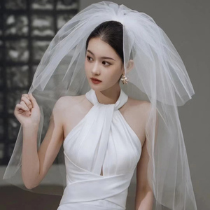 新娘长款拖尾主婚纱短款蓬蓬头纱森系户外简约拍照三层韩国硬纱女