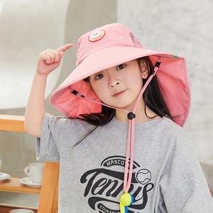 夏季女童防晒帽遮阳渔夫帽大帽檐遮脸小学生儿童帽子可爱防紫外线