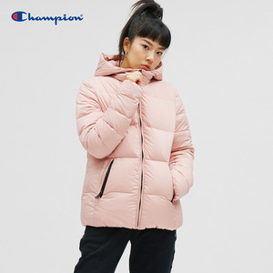 champion冠军羽绒服秋冬女子经典草写小logo连帽粉色休闲羽绒服