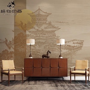 新中式大气阁楼圆月客厅背景墙布壁纸书房墙纸壁布环保无纺布壁画