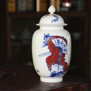 景德镇李军文  寒山窑  青花釉里红钟馗茶叶将军罐