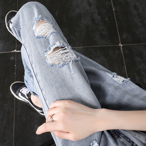 破洞牛仔裤女2021新款夏季高腰网红直筒宽松小个子九分乞丐裤