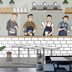 手绘网红奶茶店墙纸创意卡通人物水果冷饮咖啡甜品店餐厅背景壁纸