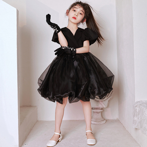 女童高端晚礼服夏季儿童黑色公主裙六一主持人走秀钢琴演奏演出服