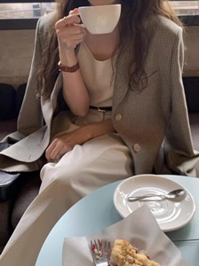 羊绒西服～2024春韩国秋季新款美娜家气质小格子格纹西服西装外套