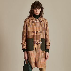 费依复古英伦风牛角扣大衣女2020秋冬新款中长款格子毛呢外套连帽