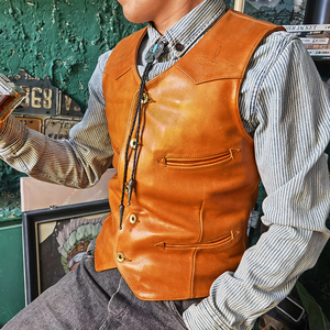 春秋款无涂头层黄牛皮v领美式复古小马甲短款修身真皮马甲男
